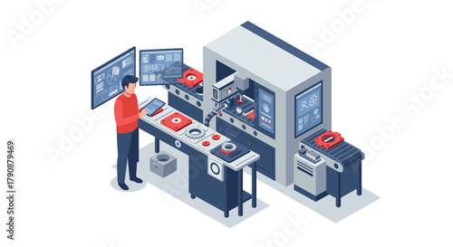 Futuristic isometric factory with advanced automation and robotic assembly line