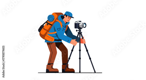 Adventurous Photographer With A Backpack Ready To Capture Stunning Landscapes Scene