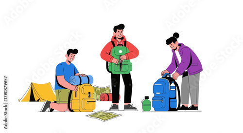 Adventurous Trio Preparing For Outdoor Camping, Ready For a Journey And New Experiences