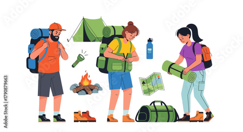 Adventurous Trio Preparing For A Camping Expedition In The Great Outdoors Adventure Ahead