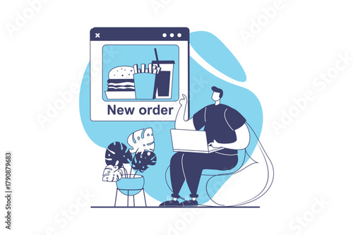 Food delivery web concept with flat people for website design. Man making online order in restaurant menu from laptop, paying, tracking and waiting courier with meal shipping. Vector illustration.