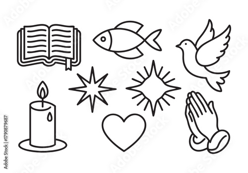Christian Religious Symbols Line Art Set: Bible, Ichthys Fish, Dove, Candle, and Praying Hands Vector Icons