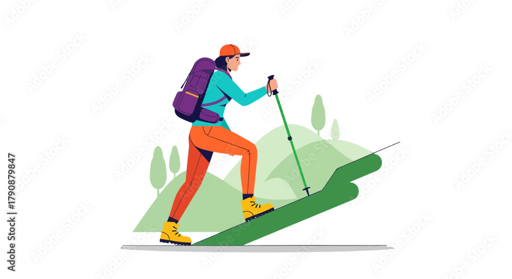 Fototapeta premium Adventurous Woman Hiking Uphill with Backpack and Walking Stick in Nature's Beauty