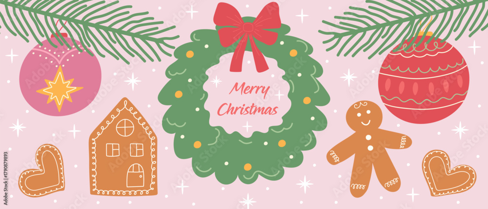 Fototapeta premium A cute Christmas banner with a wreath, gingerbread cookies, and ornaments. A festive flat illustration for a winter greeting card or party invitation.