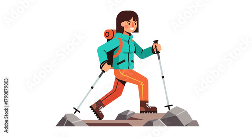 Adventurous Woman Hiking Mountain Trails With Backpack And Trekking Poles On Rocks