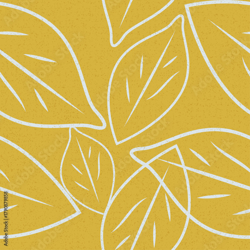 Seamless botanical pattern featuring white grainy outline drawings of leaves on a textured mustard yellow background Simple hand-drawn look with an organic retro-modern perfect for textiles Vector