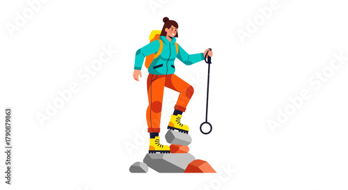 Adventurous Woman Hiking Up Mountains in Illustration Style On Black Background