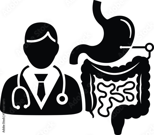 Doctor with stethoscope examining stomach and intestines icons physician medical