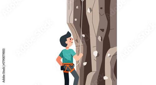 Adventurous Young Person Attempting Vertical Rock Climbing Outdoors With Safety Gear Securely