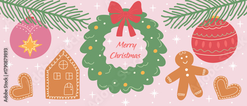 A cute Christmas banner with a wreath, gingerbread cookies, and ornaments. A festive flat illustration for a winter greeting card or party invitation.