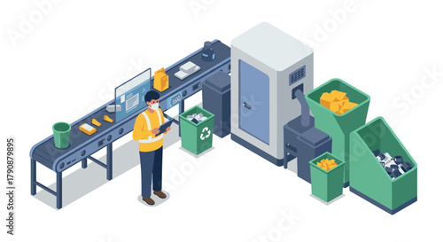 Isometric recycling factory worker managing automated production line