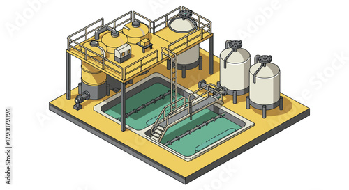 Isometric industrial water treatment facility design with tanks and pipelines
