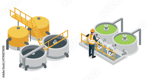 Isometric industrial worker monitoring water treatment with tanks