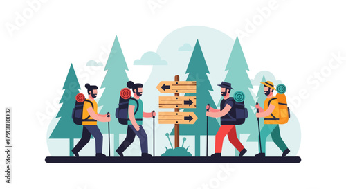 Adventurous Squad Embarks On a Journey through the Forests with Backpacks and Signposts