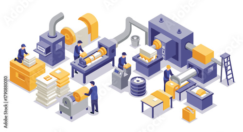 Modern printing factory workflow with isometric machines and workers