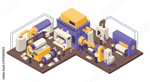 Isometric paper manufacturing process with workers in a modern factory setting
