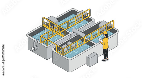 Isometric wastewater treatment facility with engineer oversight