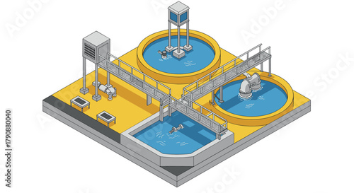 Isometric water treatment plant with filtration pools and industrial pipes