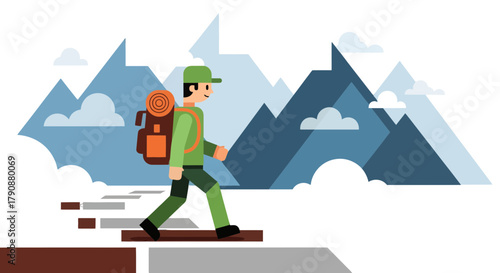 Adventurous Traveler Ascending Mountain Steps Facing Scenic View with Backpack