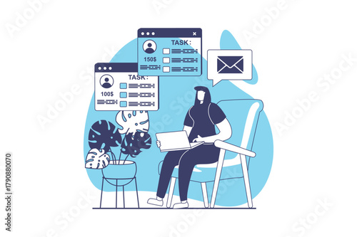 Freelance working web concept with flat people for website design. Woman getting job offers with payments, answering client emails and homeworking in comfortable home office. Vector illustration.