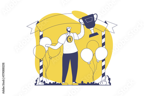 Happy competition champions web concept with flat people for website design. Man winning at sport competitions, celebrating reward, getting first place with golden cup trophy. Vector illustration.