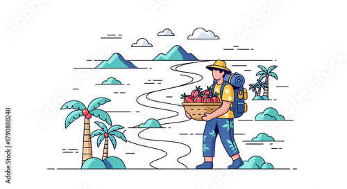 Adventurous Traveler Carrying a Basket of Fruit Along a Scenic Path, Illustration