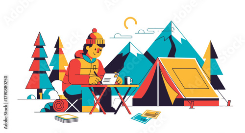 Adventurous Traveler Composing Messages Amidst Mountain Peaks And Camp Site Designs