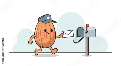 Almond Delivering Mail Cartoon Illustration, Cute Character in Postal Service Outfit