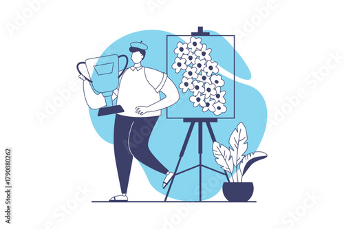Happy competition champions web concept with flat people for website design. Man drawing best paintings at canvas, getting first place with cup trophy at gallery exhibition. Vector illustration.