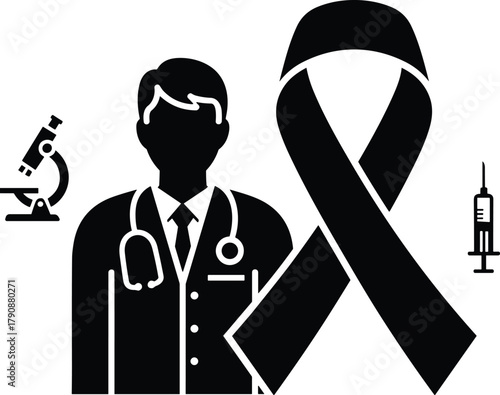 Doctor with stethoscope microscope syringe and black awareness ribbon medical healthcare