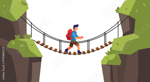 Adventurous Traveler Crossing Rope Bridge Amidst Rocky Cliffs and Vast Darkness