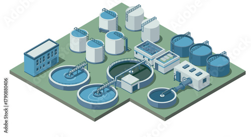 Isometric industrial wastewater treatment plant with tanks and facilities