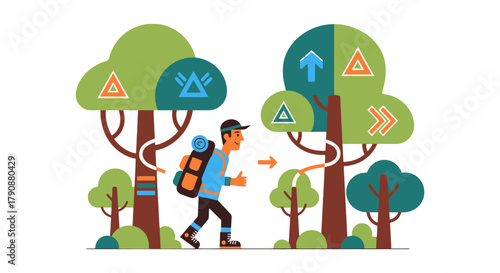 Adventurous Traveler Embarks on a Journey Through the Colorful Forest, Illustration