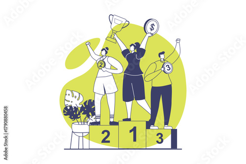 Happy competition champions web concept with flat people for website design. Women and man winning at sport competition, get different places with trophy cup, medals and gifts. Vector illustration.