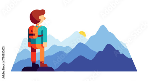 Adventurous Traveler Gazing At Majestic Peaks During Sunrise From the Mountain Top