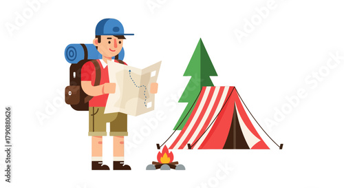 Adventurous Traveler Gazing At Map Planning Campfire And Seeking Destination Under The Open Sky