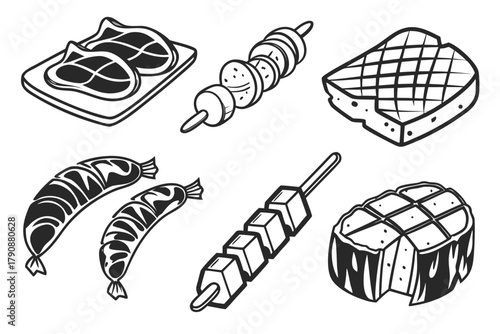 Black and White Illustrations of Grilled Meats and Sausages steak skewer