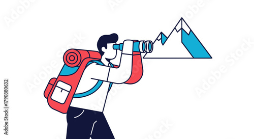 Adventurous Traveler Gazing At Snowcapped Peaks With Binoculars And Backpacks