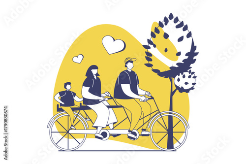 Healthy families web concept with flat people for website design. Mother, father and son riding bicycle in park, cycling together outdoors, activity pastime child with parents. Vector illustration.