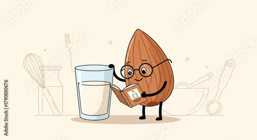 Animated Almond Character Reading Recipe Book Beside A Glass Of Milk Composition