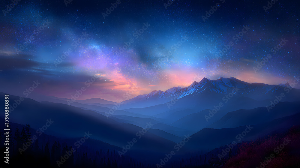 Obraz premium Majestic Mountain Landscape Under Starry Night Sky 