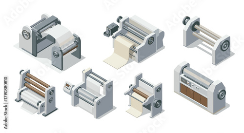Isometric printing machine set industrial rollers and equipment collection