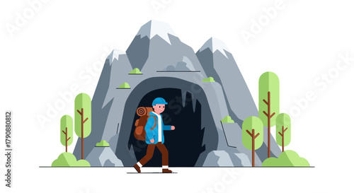 Adventurous Traveler Heading Into A Cave With Mountains And Trees In Vector Graphics