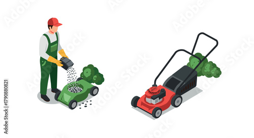 Gardening scene with isometric lawn mower and gardener