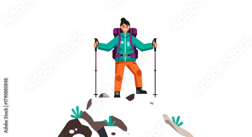 Adventurous Traveler Hiking a Mountain Peak Under a Dark Sky with Full Gear