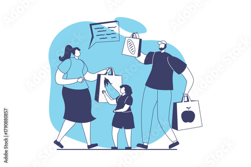 Healthy families web concept with flat people for website design. Mother, father and daughter leading awareness and harmony lifestyle, dieting and eating organic natural food. Vector illustration.