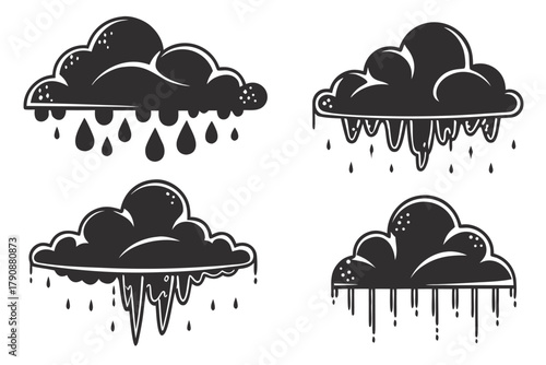 Cartoonish Black Clouds Dripping Rain and Icicles on White Background weather