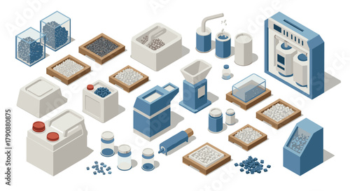 Industrial isometric set coffee factory equipment and containers for modern production