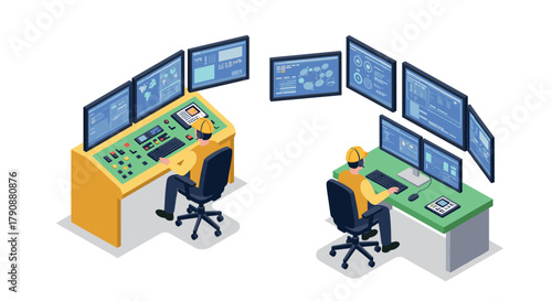 Control room technology in isometric style with operators at workstations analyzing data on multiple screens