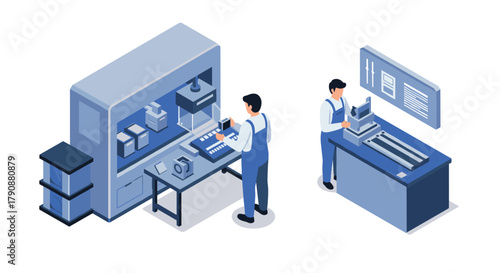 Isometric factory workspace with engineers operating cnc machines